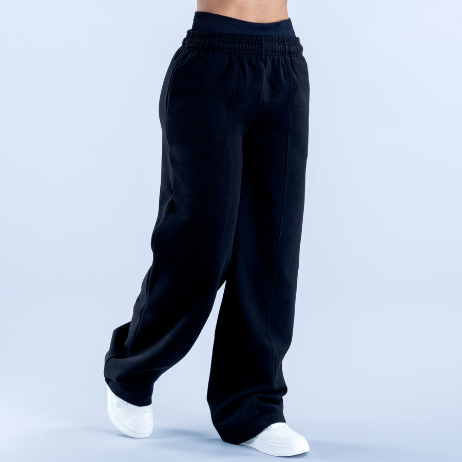 Wide leg jogger pants, dark; roomy legs with elastic waistband and ankle cuffs