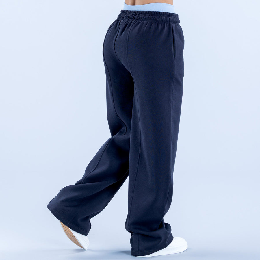 Navy wide-leg jogger pants with side seam detail and cuffed hem