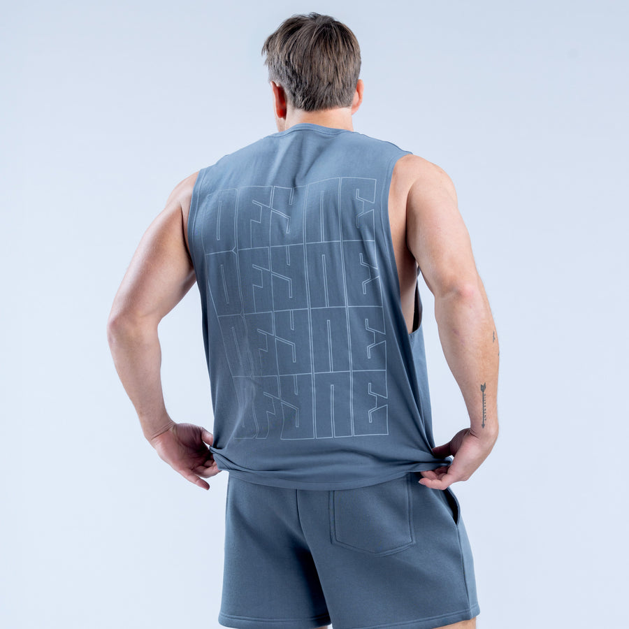 Blue sleeveless graphic tank top, crew neck, geometric print on back
