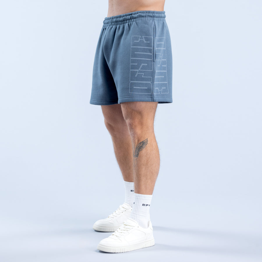 Slate blue graphic shorts with large back logo print