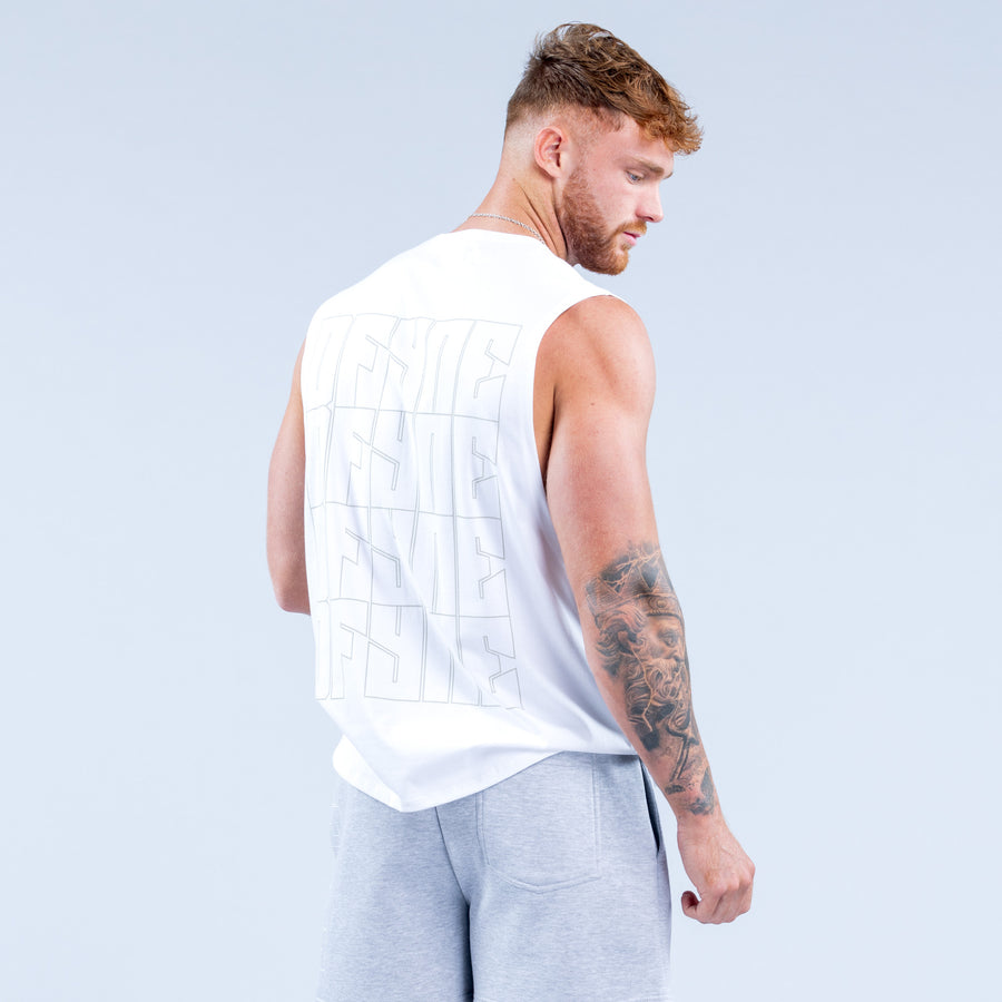 White graphic sleeveless tank top with large back print