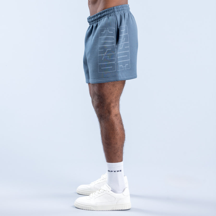 Slate blue graphic shorts, back view with vertical logo print