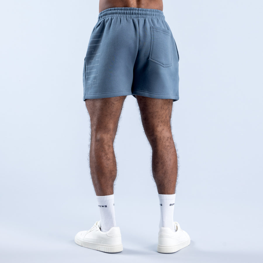 Slate blue graphic shorts with rear pocket seam details