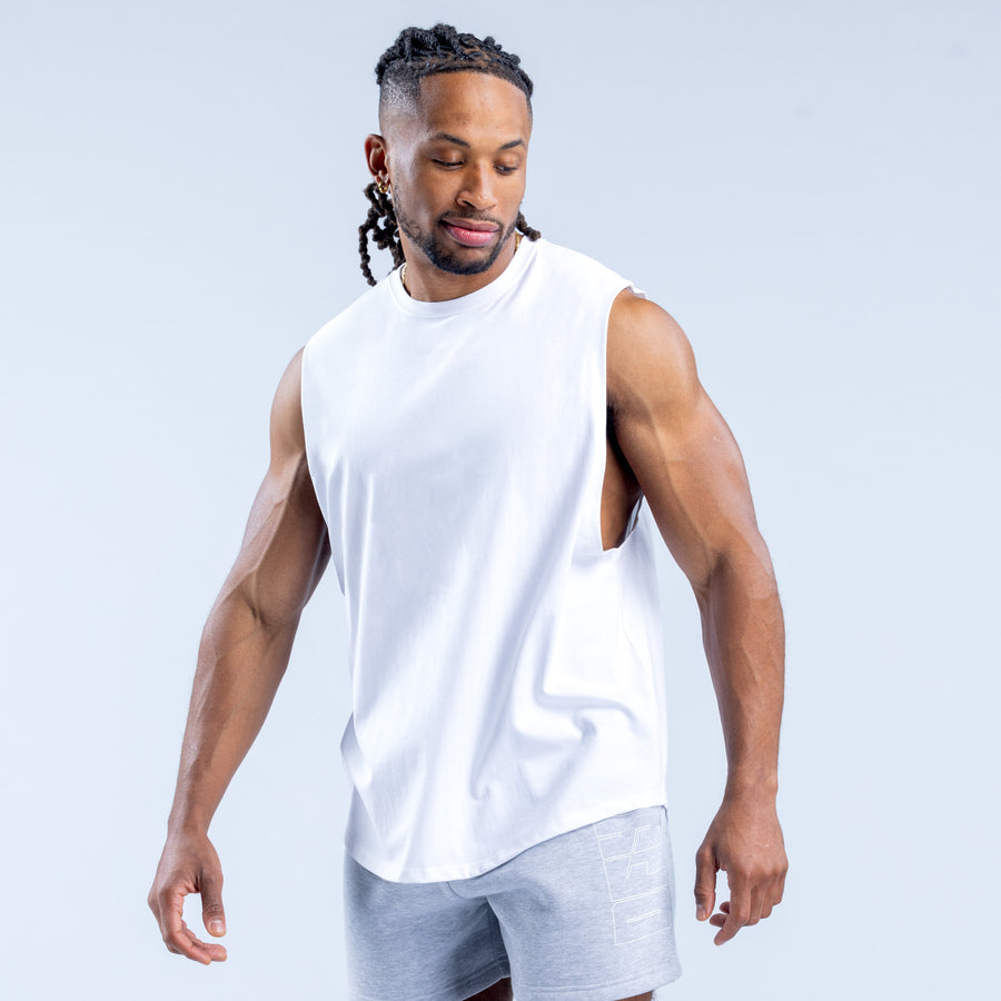 White crew-neck sleeveless tank top with straight hem