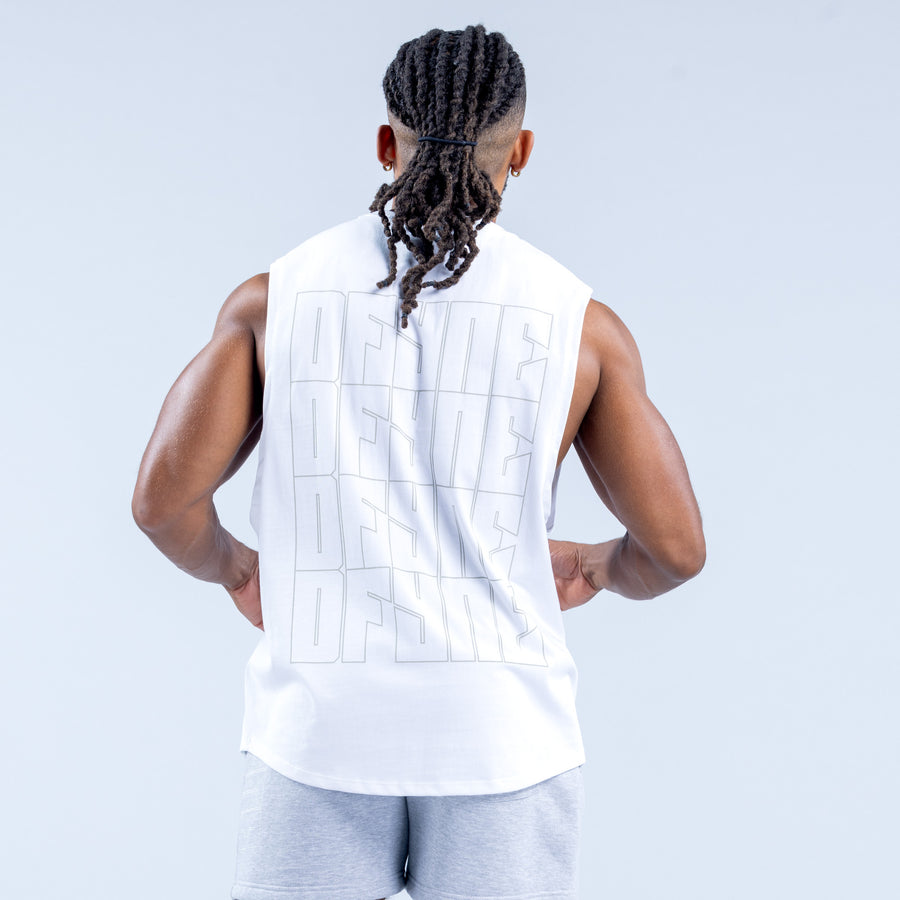 White sleeveless tank top with large back graphic print