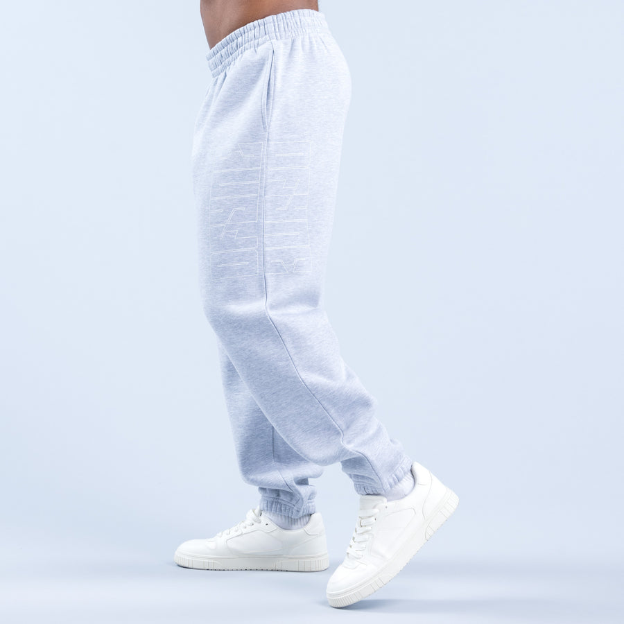 Light blue graphic joggers with elastic cuffs and tapered ankle fit