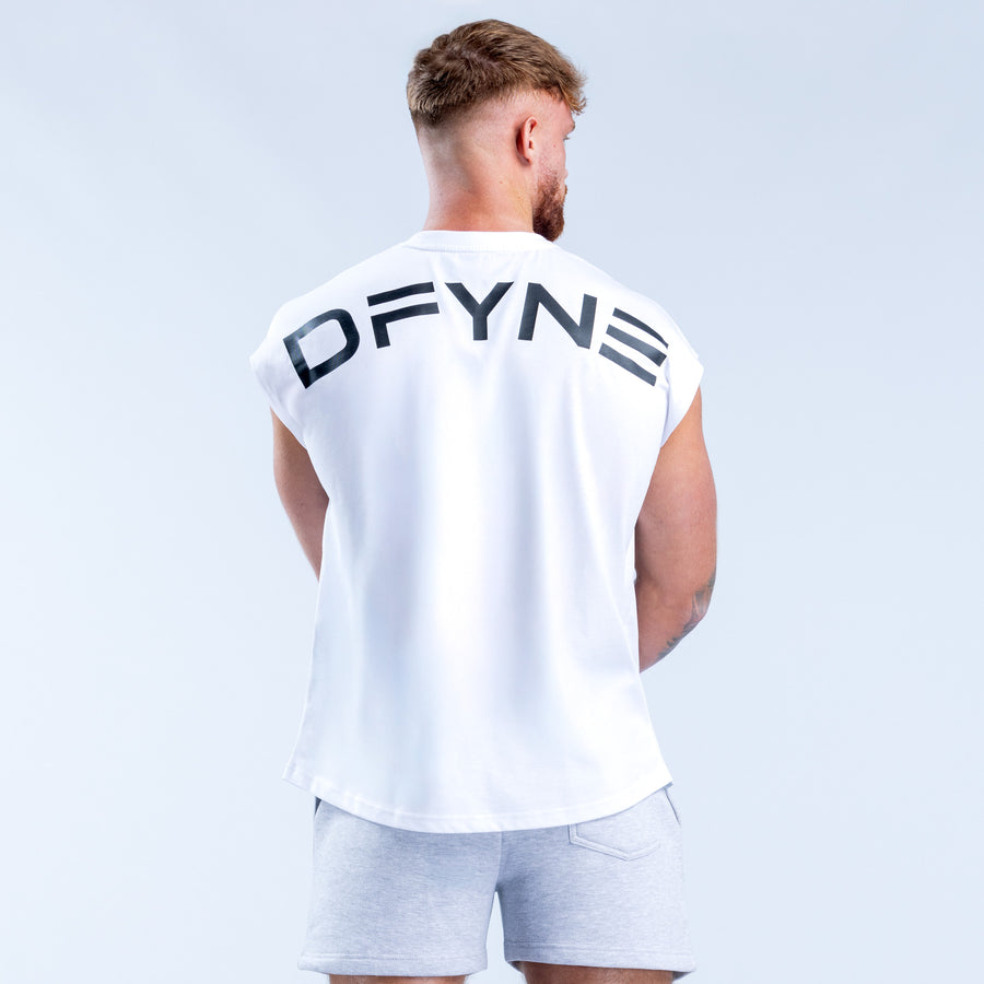 White sleeveless tank top with large back DPFYN logo