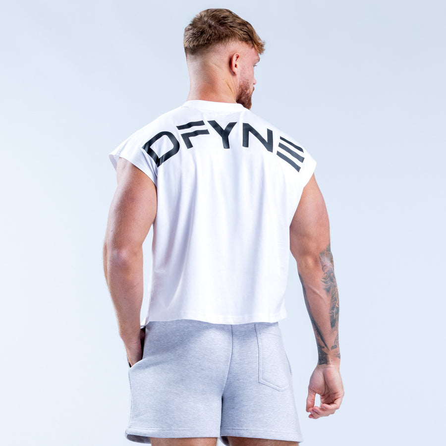 White crop tank top back view with DFYNE logo and cropped hem.