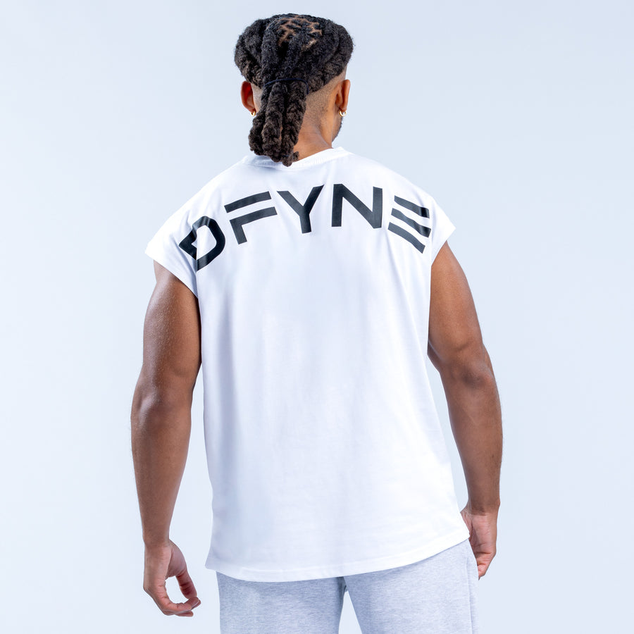 White sleeveless tank top with large DPFYN logo on back