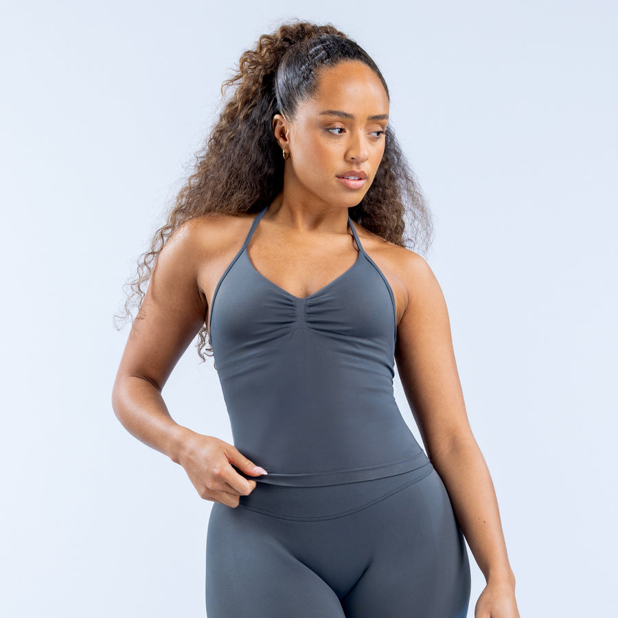 Longline strappy top, dark gray, thin halter-style straps and fitted longline body