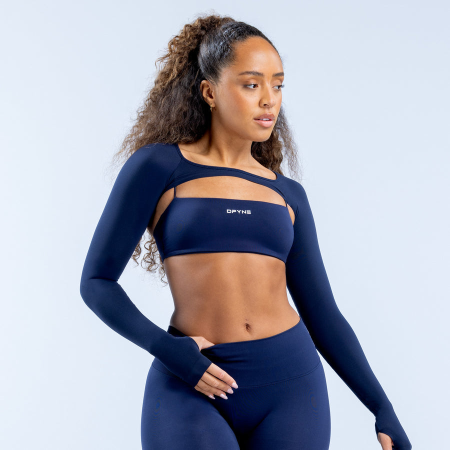 Dark blue fitted long-sleeve shrug with cropped front