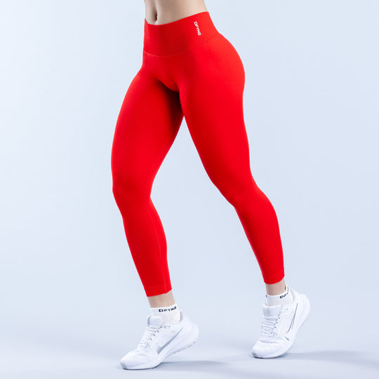Red Defy leggings with full-length slim fit and wide waistband
