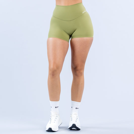 4.5-inch olive green athletic shorts with contoured high-rise waistband