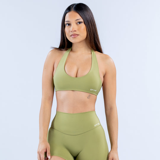 Olive green backless halter bra with racer-cut back and soft U neckline