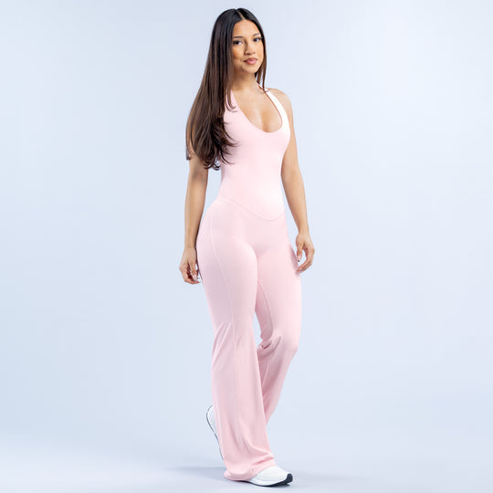 Women's light pink halter neck all-in-one with wide leg flare