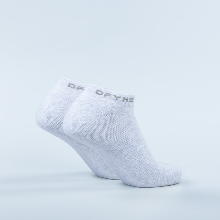 Light gray ankle socks with DT.FNS logo on cuff, single sock view