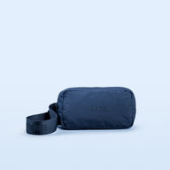 Crossbody bag in dark blue with zippered front and adjustable shoulder strap