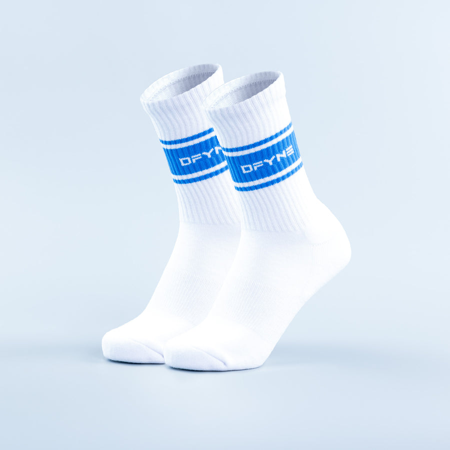 Pair of white crew socks with blue cuff stripe and printed logo