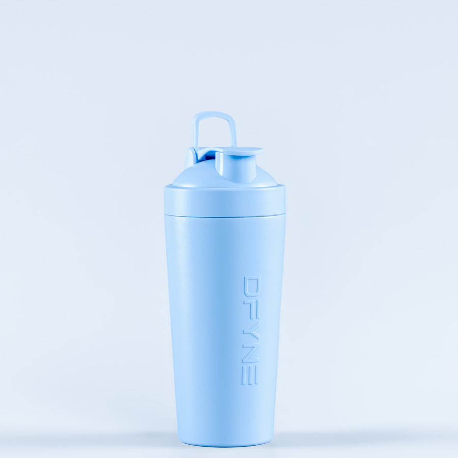 Light blue shaker bottle with flip-top lid and vertical logo