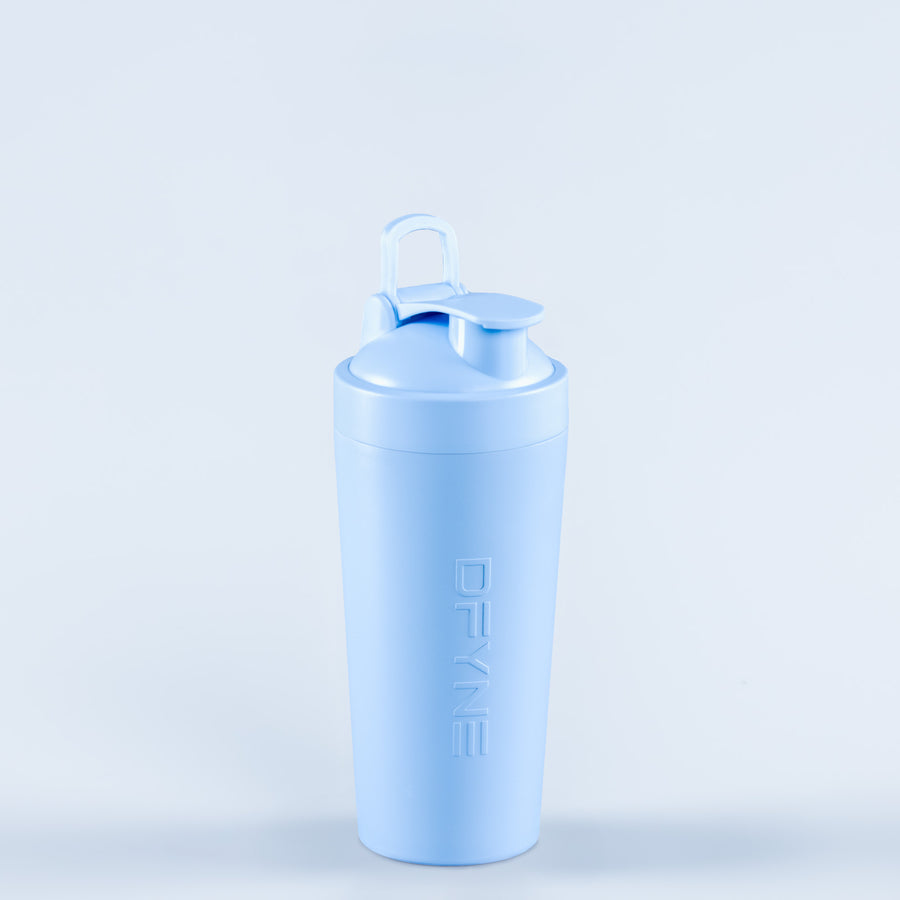 Light blue shaker bottle with flip lid and loop handle