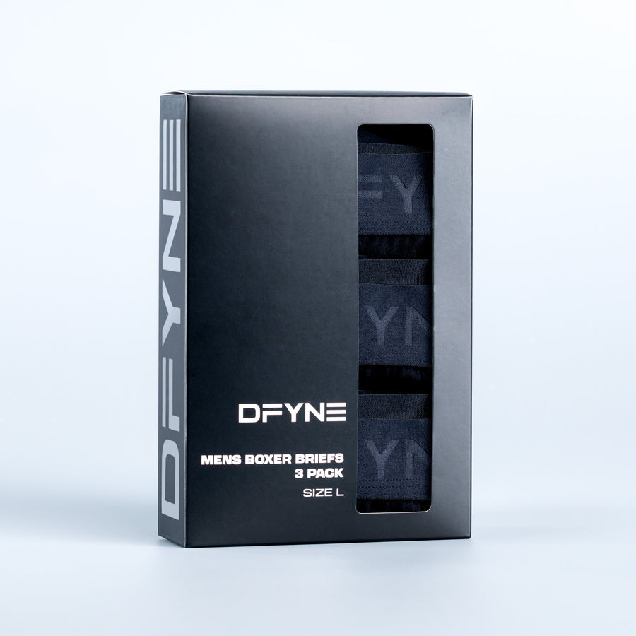 3-pack men's boxer briefs box, DFYNE logo with stacked pair window