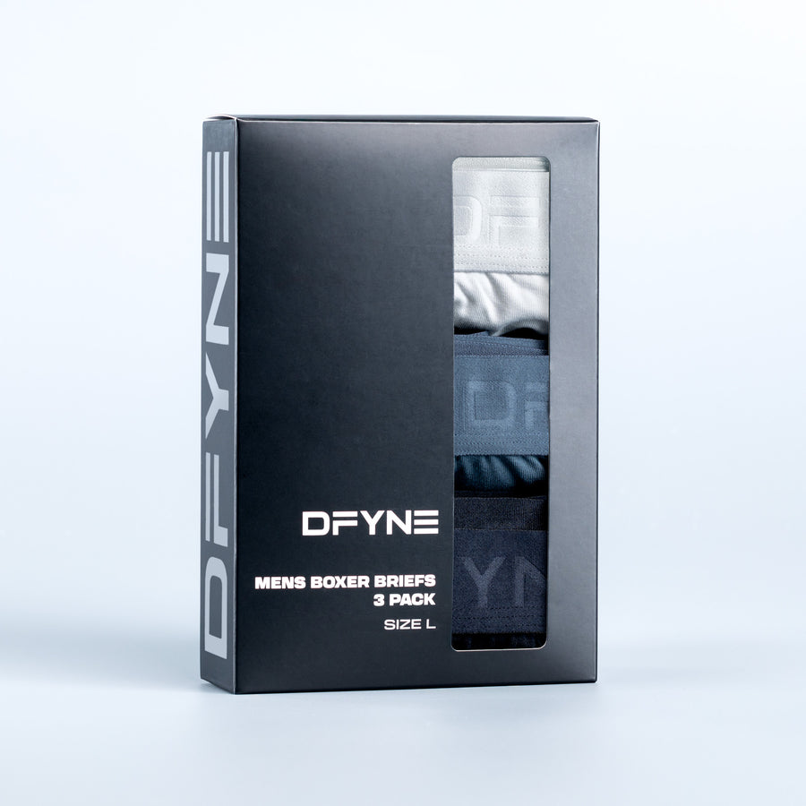 DFYNE men's boxer briefs 3 pack box, with stacked fabric showing through window