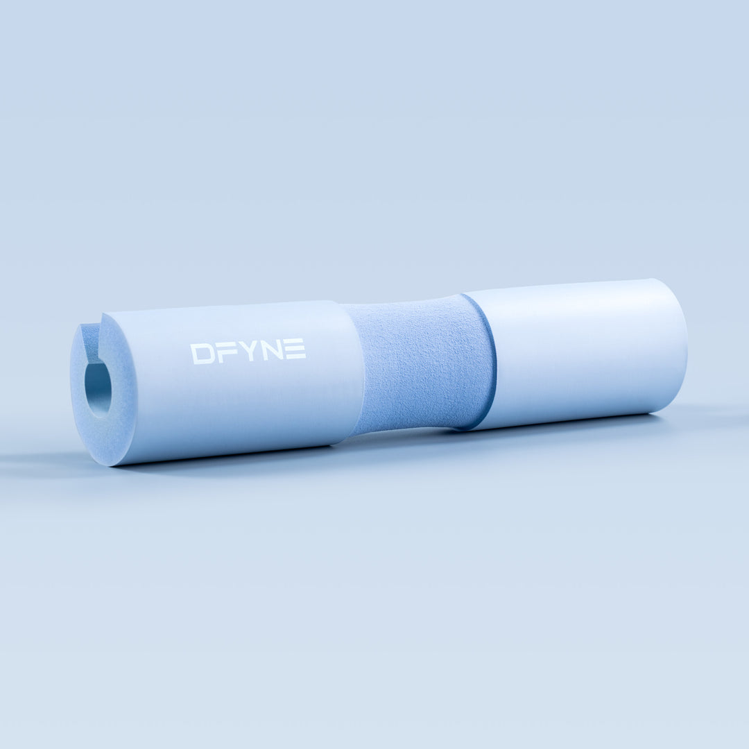 Barbell pad with DYNE logo, light blue foam sleeve and white inner core.