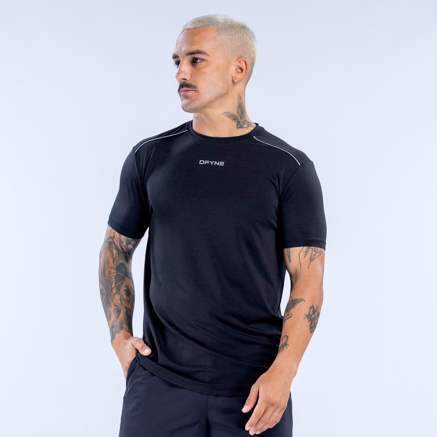 Men's black short-sleeve active top with chest logo and contrast shoulder stripe