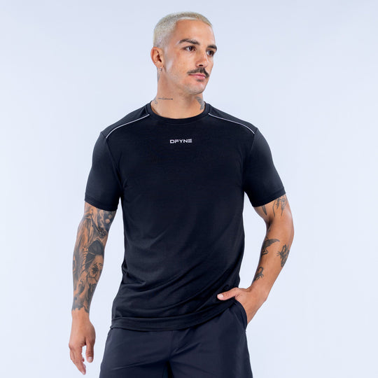 Men's black active crew-neck top with contrast shoulder seams and DEYIN logo