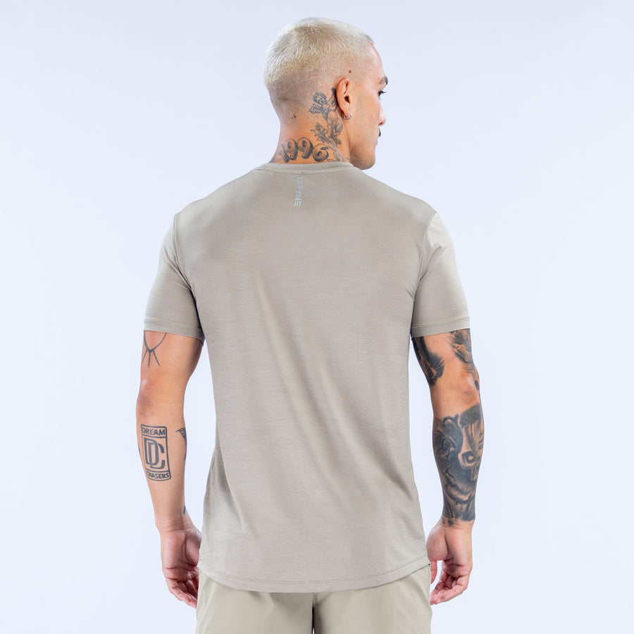 Light khaki active top, crew neck, short sleeves, back view with central logo
