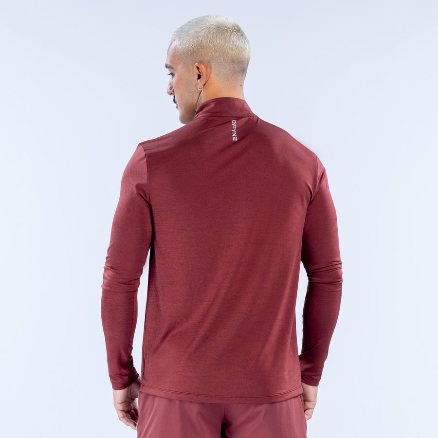 Maroon quarter-zip long-sleeve performance top, back view