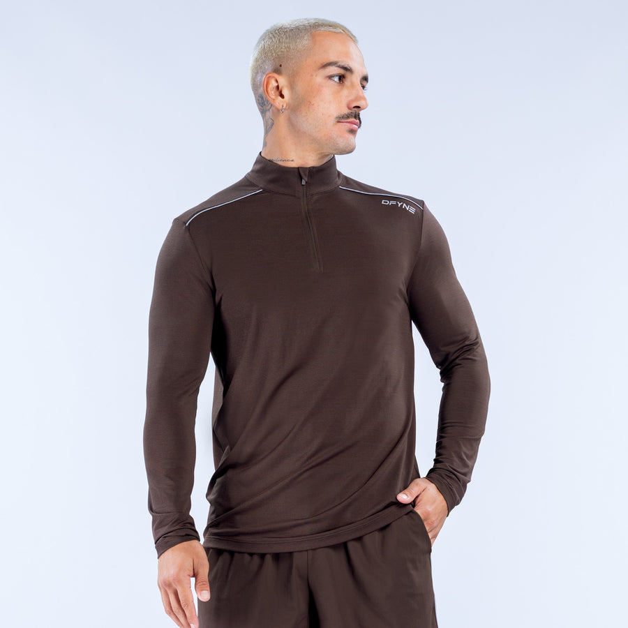 Dark brown quarter-zip pullover with long sleeves and small chest logo