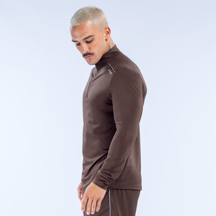 Dark brown quarter-zip pullover, side view, long sleeves and high collar