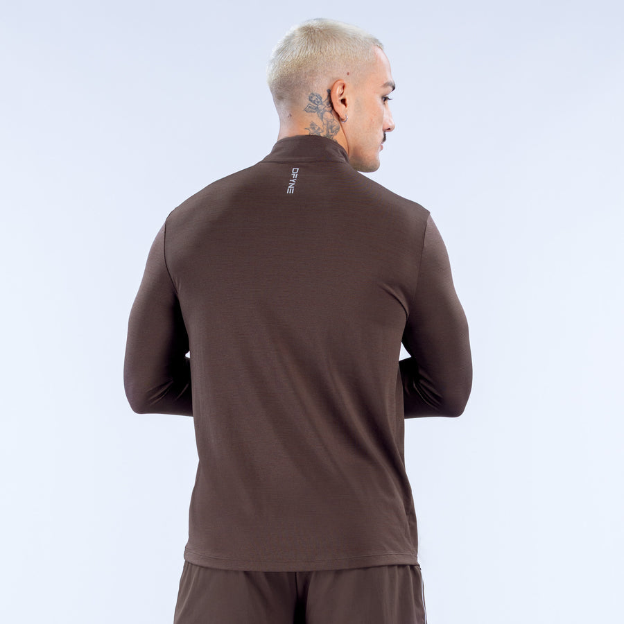 Dark brown quarter-zip pullover, back view, long sleeves and ribbed cuffs