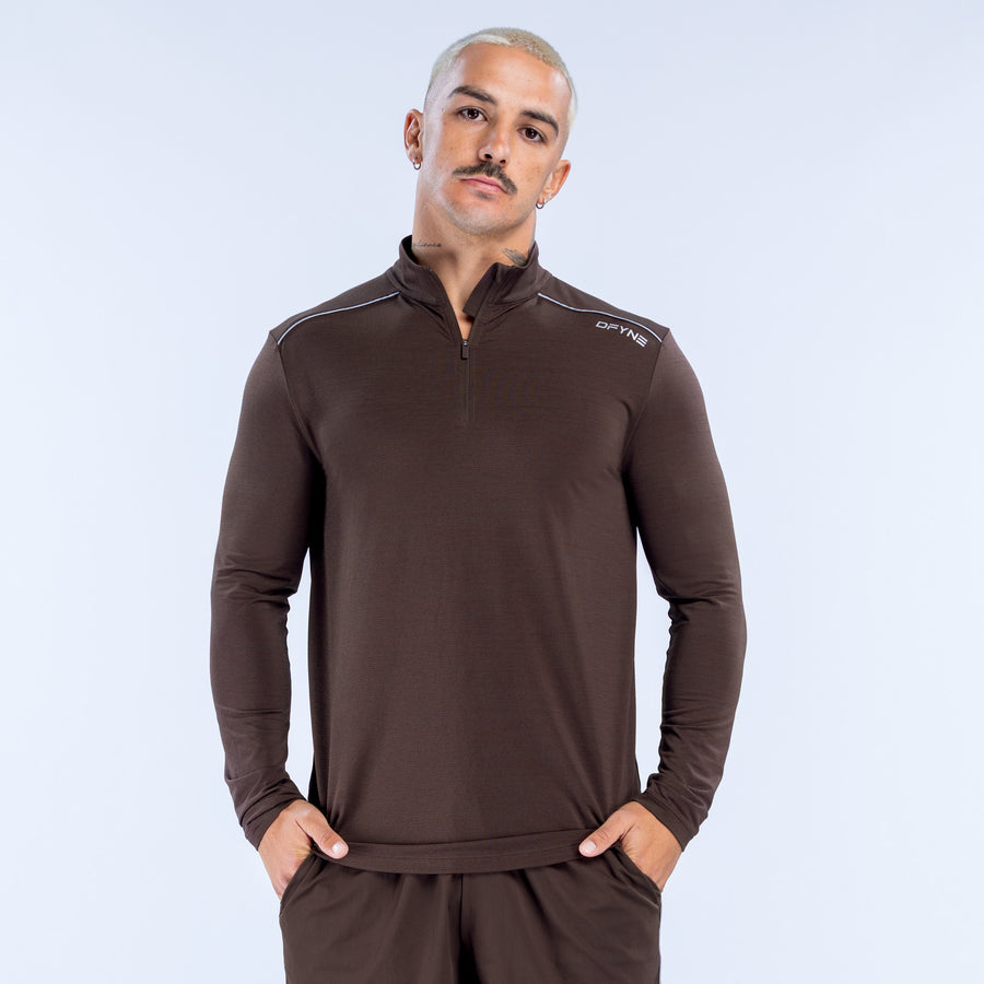 Dark brown quarter-zip pullover with long sleeves, zipper half-length neck