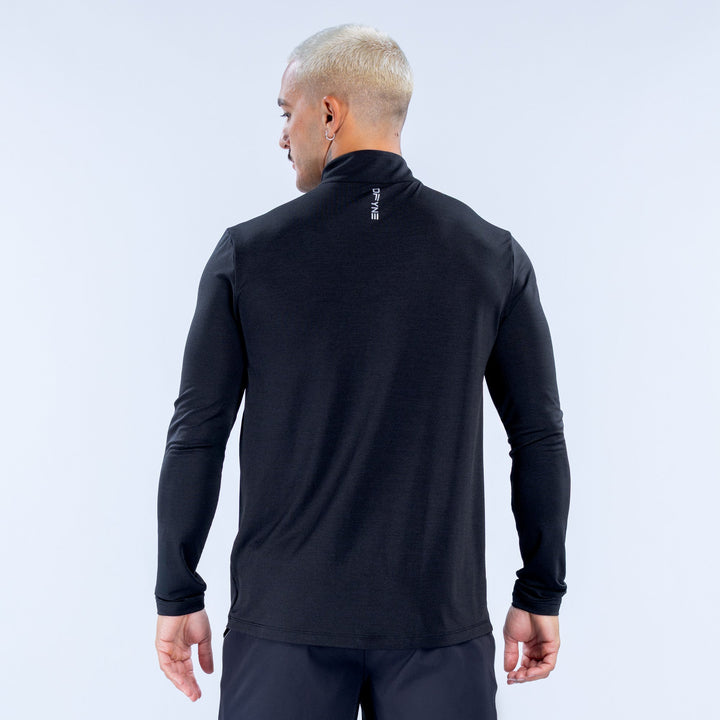 Black quarter-zip pullover, back view, mock neck and long sleeves