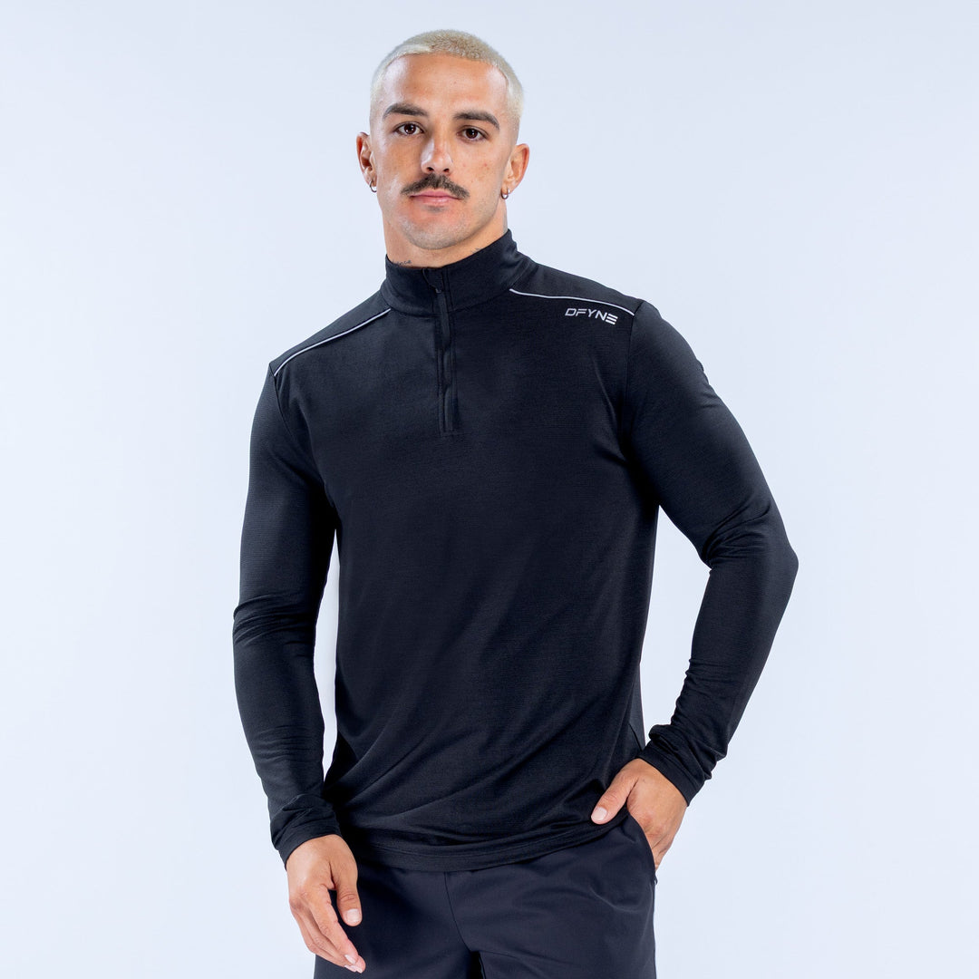 Black quarter-zip pullover with mock neck and long sleeves
