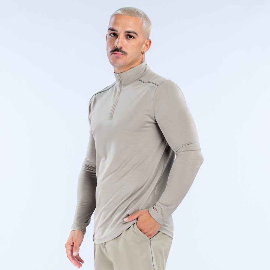 Men's quarter-zip pullover, side view, long sleeves, light taupe