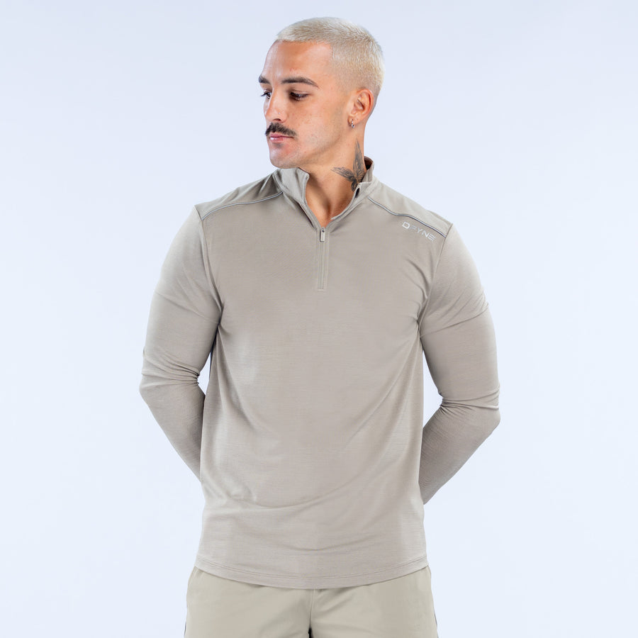 Men's quarter-zip pullover with front zipper, long sleeves, light taupe