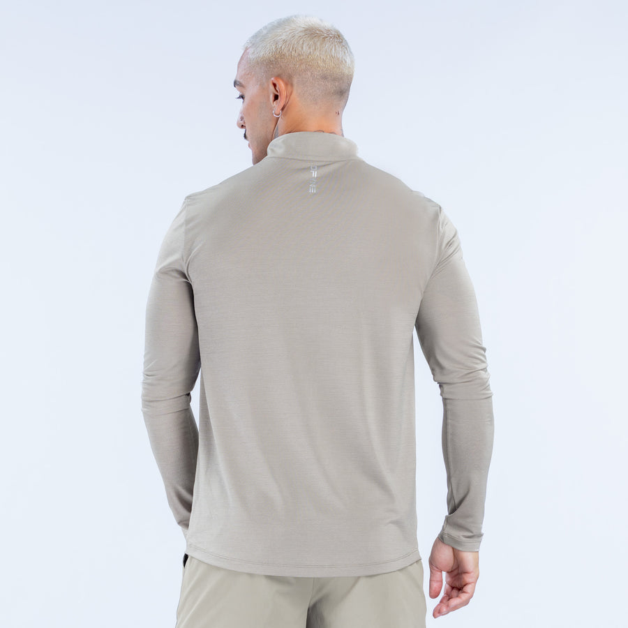 Men's quarter-zip pullover, back view, long sleeves, light taupe