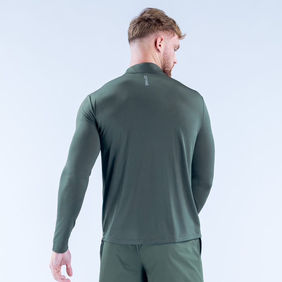Green quarter-zip long-sleeve pullover back view with stand collar and zipper