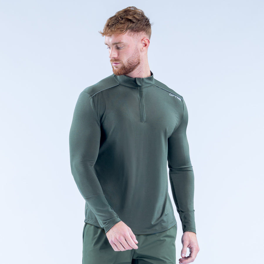 Green quarter-zip long-sleeve pullover with stand collar and half front zipper