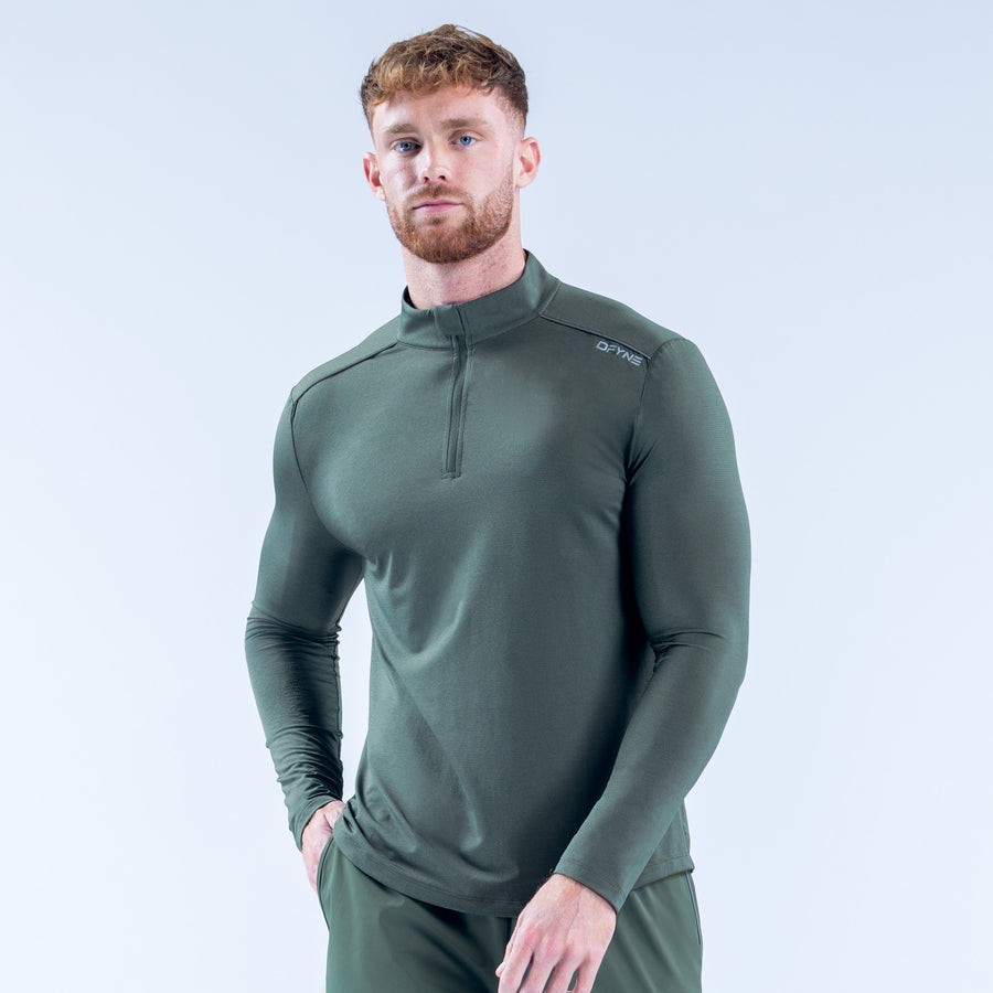 Green quarter-zip long-sleeve pullover with stand collar and short zipper placket