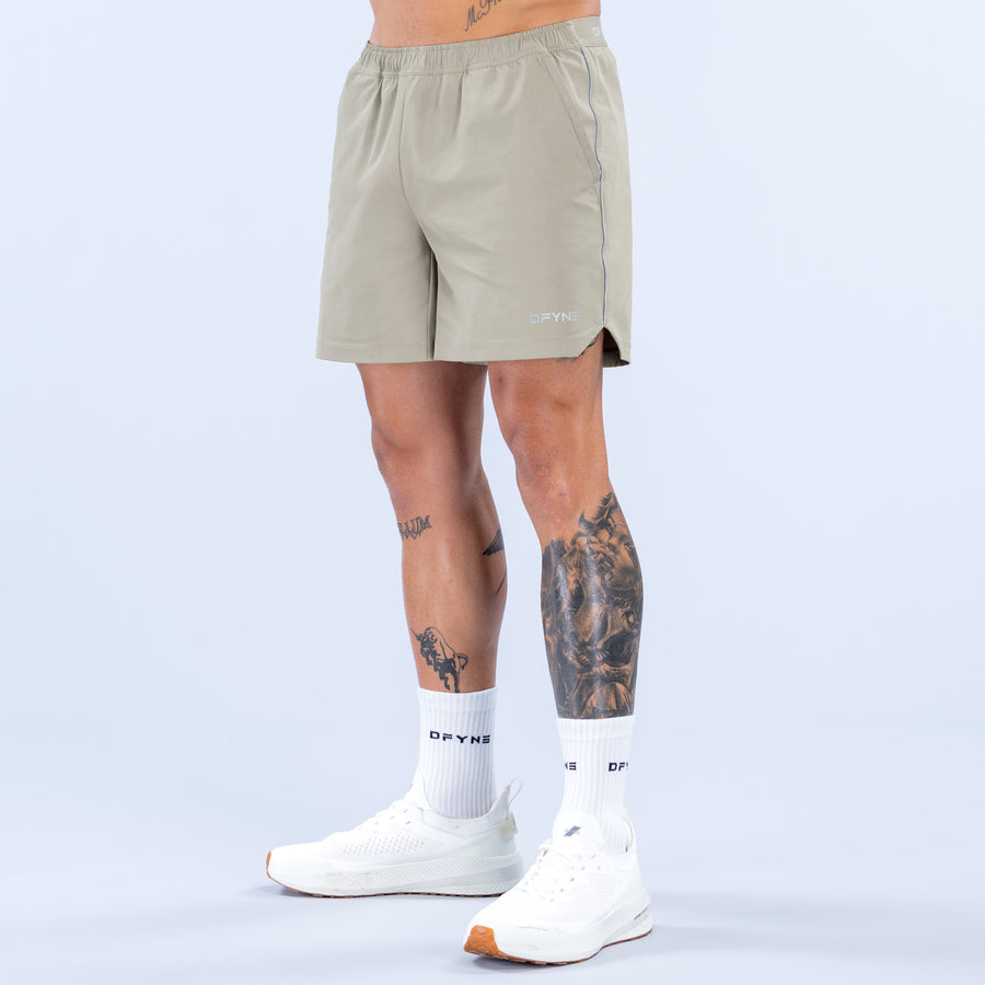 Khaki charge training shorts with elastic waistband and side pockets, 6 in