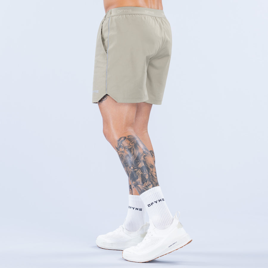 Khaki charge training shorts, back view, elastic waistband and straight hem, 6 in