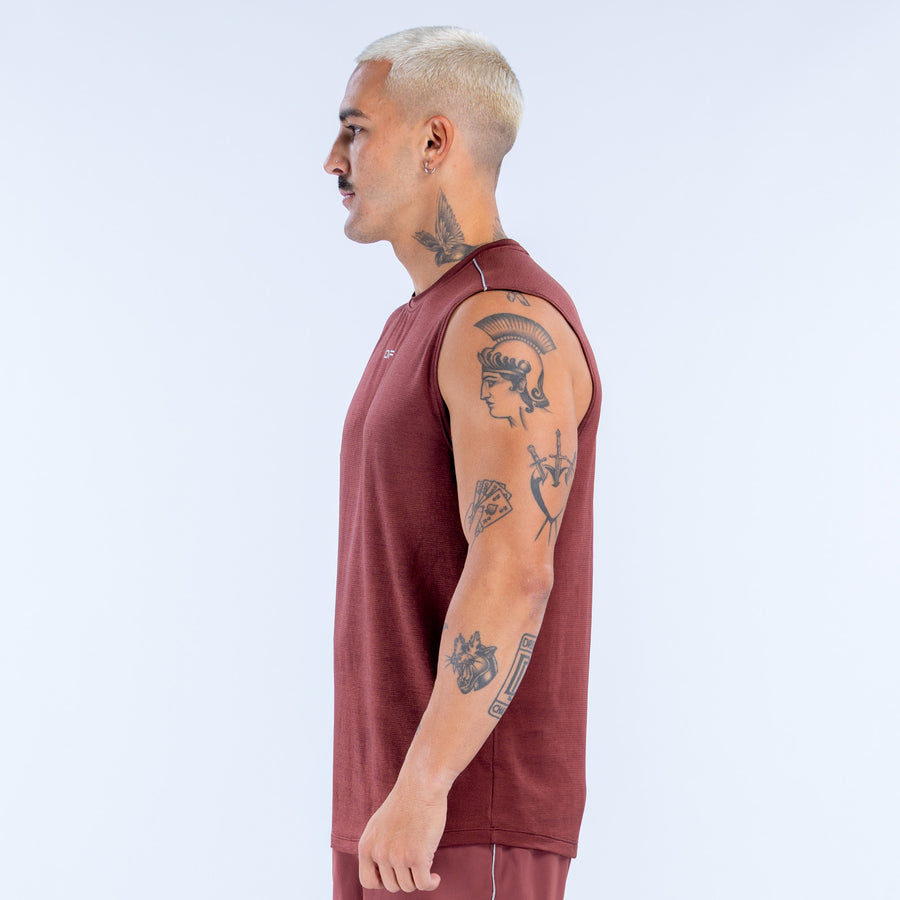 Burgundy sleeveless tank top with crew neck and side seam detail