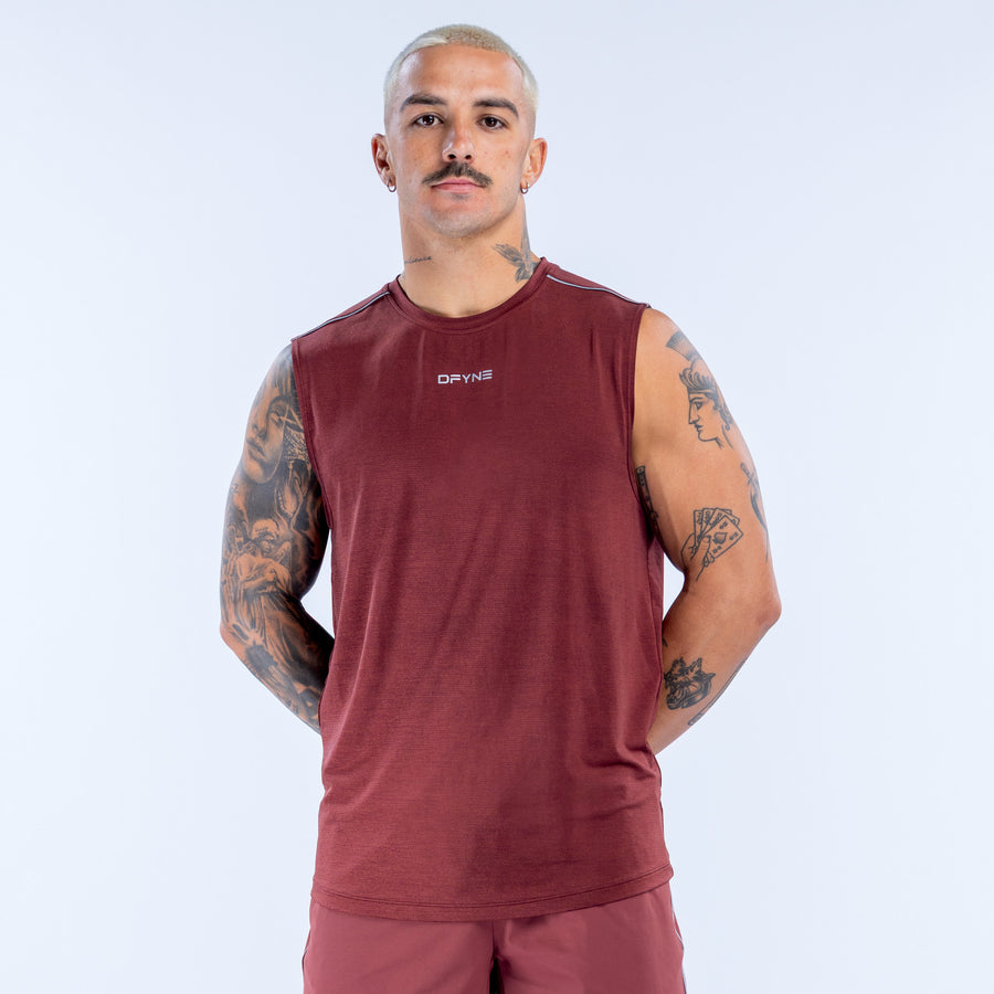 Burgundy sleeveless tank top with small chest logo and crew neck