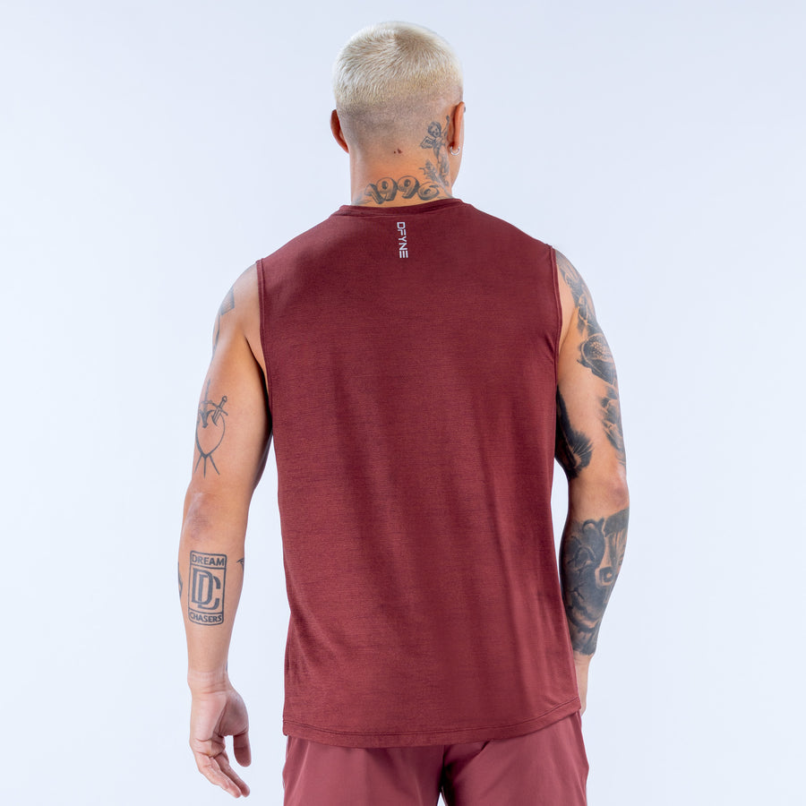 Burgundy sleeveless tank top with crew neck; logo on upper back