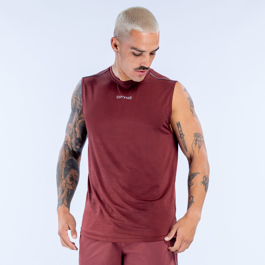 Burgundy sleeveless tank top with crew neck and chest logo