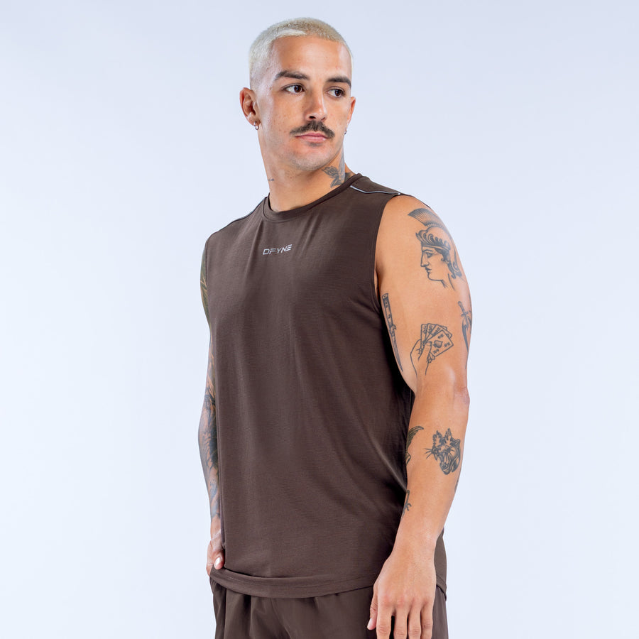 Charge Tank dark brown sleeveless tank top with crew neck and small chest logo